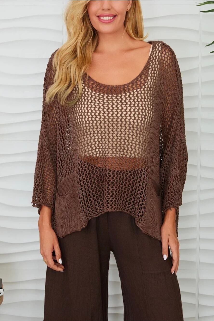 Venti6 Drop Shoulder Crochet Sweater W/Pocket